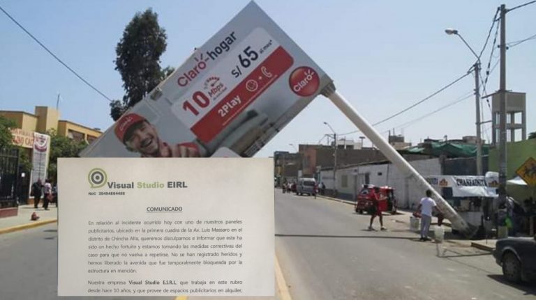 Empresa pide disculpas tras caída de su panel publicitario en Chincha Alta - Ica