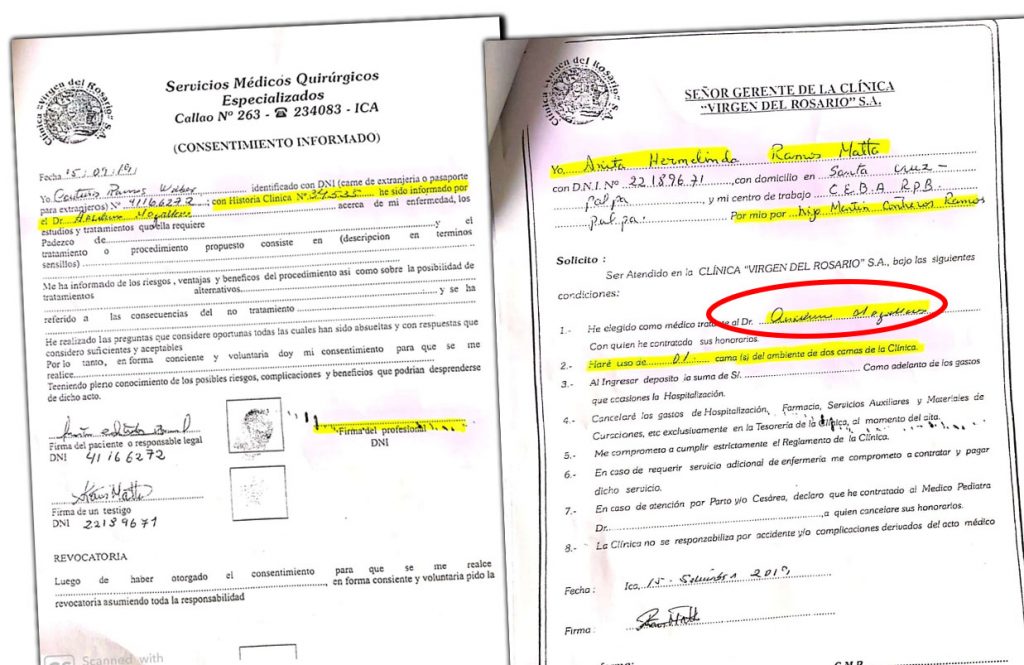 Paciente Wilber Martín Contreras Ramos y su testigo firman consentimiento informado y solicitud eligiendo a Anselmo Magallanes como el responsable para la operación.