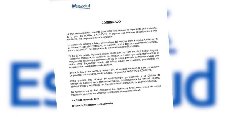 EsSalud emite comunicado sobre primer fallecido por COVID-19 en Ica - Perú