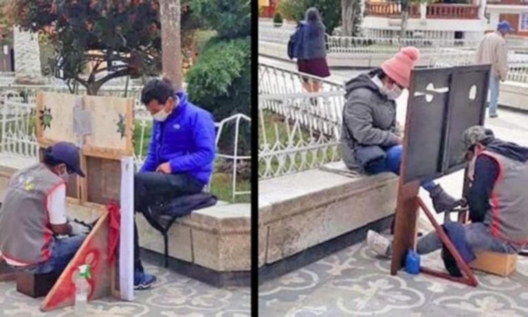 Lustrabotas de Cajamarca emplean escudo de madera para mantener distancia por COVID-19 - Entretenimiento