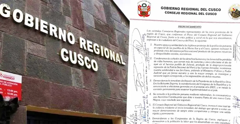 Cusco: Consejo Regional exige la 'declinación' de Dina Boluarte y la 'autodisolución' del Congreso