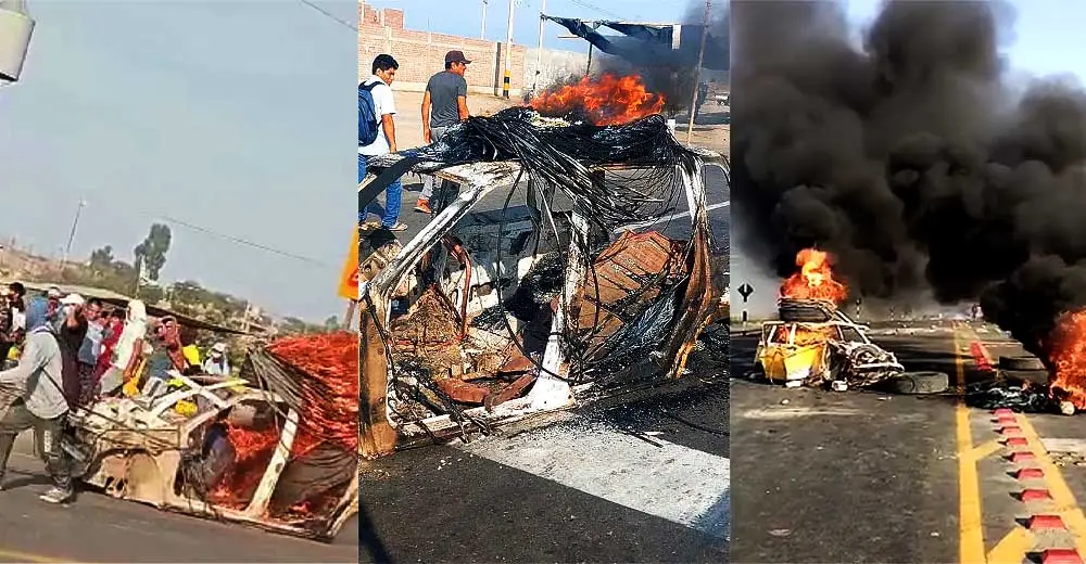 Ica: Incendian restos de autos en la Panamericana Sur durante protestas