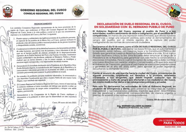 Gobierno Regional de Cusco exige la 'declinación' de Dina Boluarte y la 'autodisolución' del Congreso.