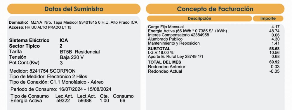 Pese a que vivienda según Emma Mejía está deshabitada, registra consumo de energía eléctrica en los últimos meses. 