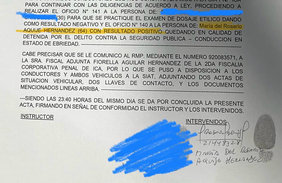 Primeros resultados durante la intervención de María del Rosario Aquije Hernández, dio positivo, por lo que se le procedió a detener. Imagen: Difusión de la parte agraviada.