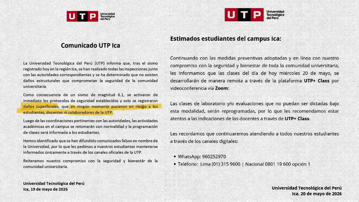 UTP niega daños en sus edificios de Ica tras sismo pero suspende sus clases presenciales