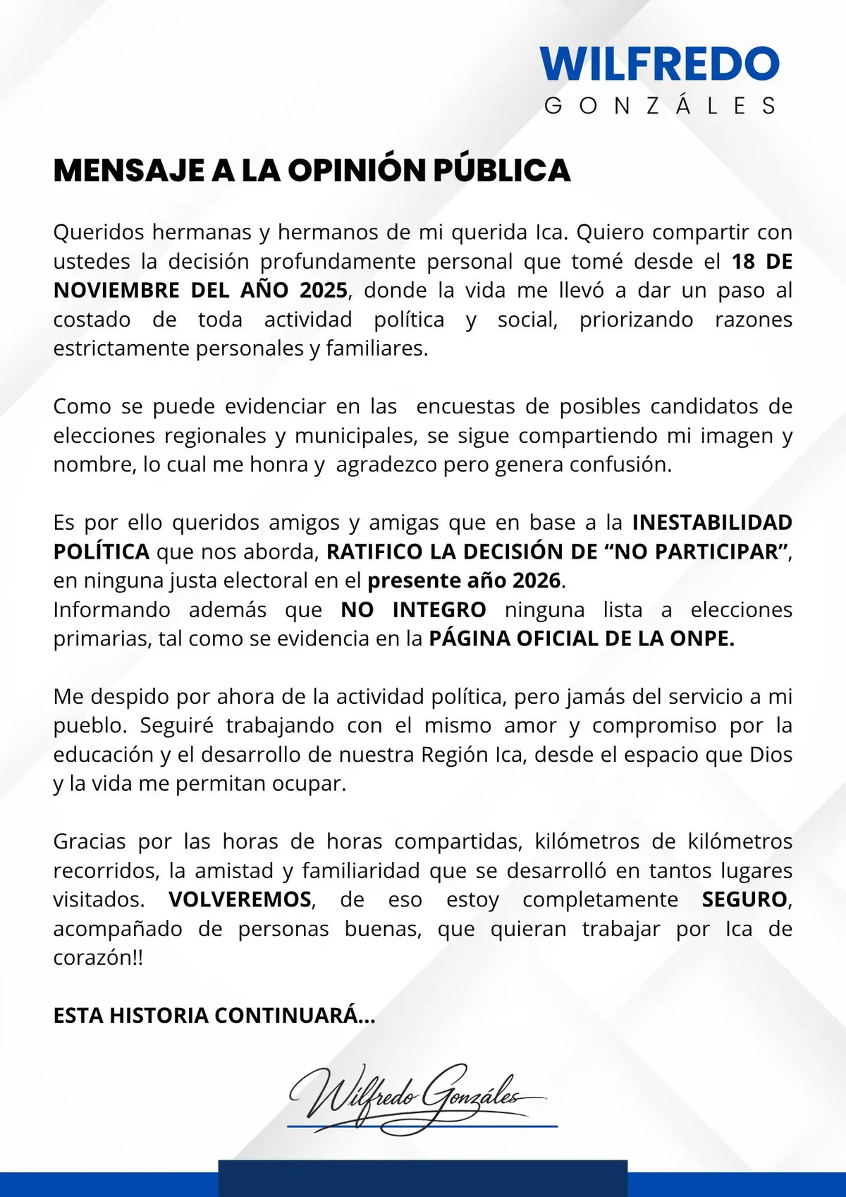 Wilfredo Gonzales, promotor del Data System's retira su precandidatura para las Elecciones en Ica
