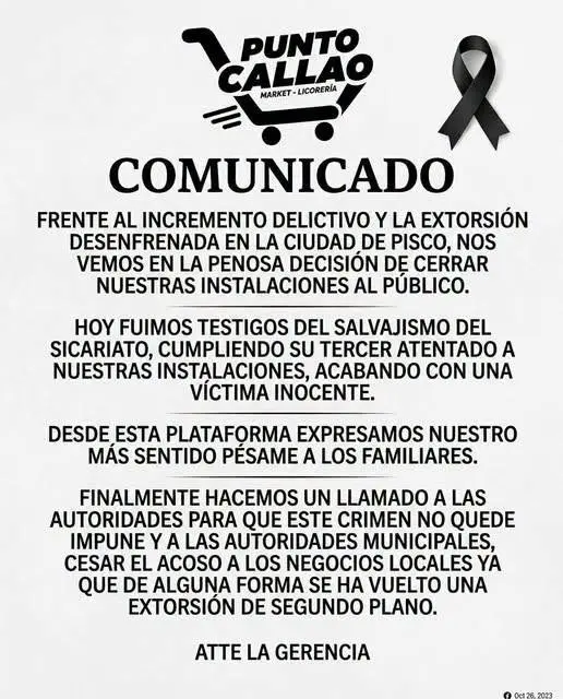 Sicarios asesinan a policía que custodiaba licorería extorsionada y negocio anuncia cierre en Pisco