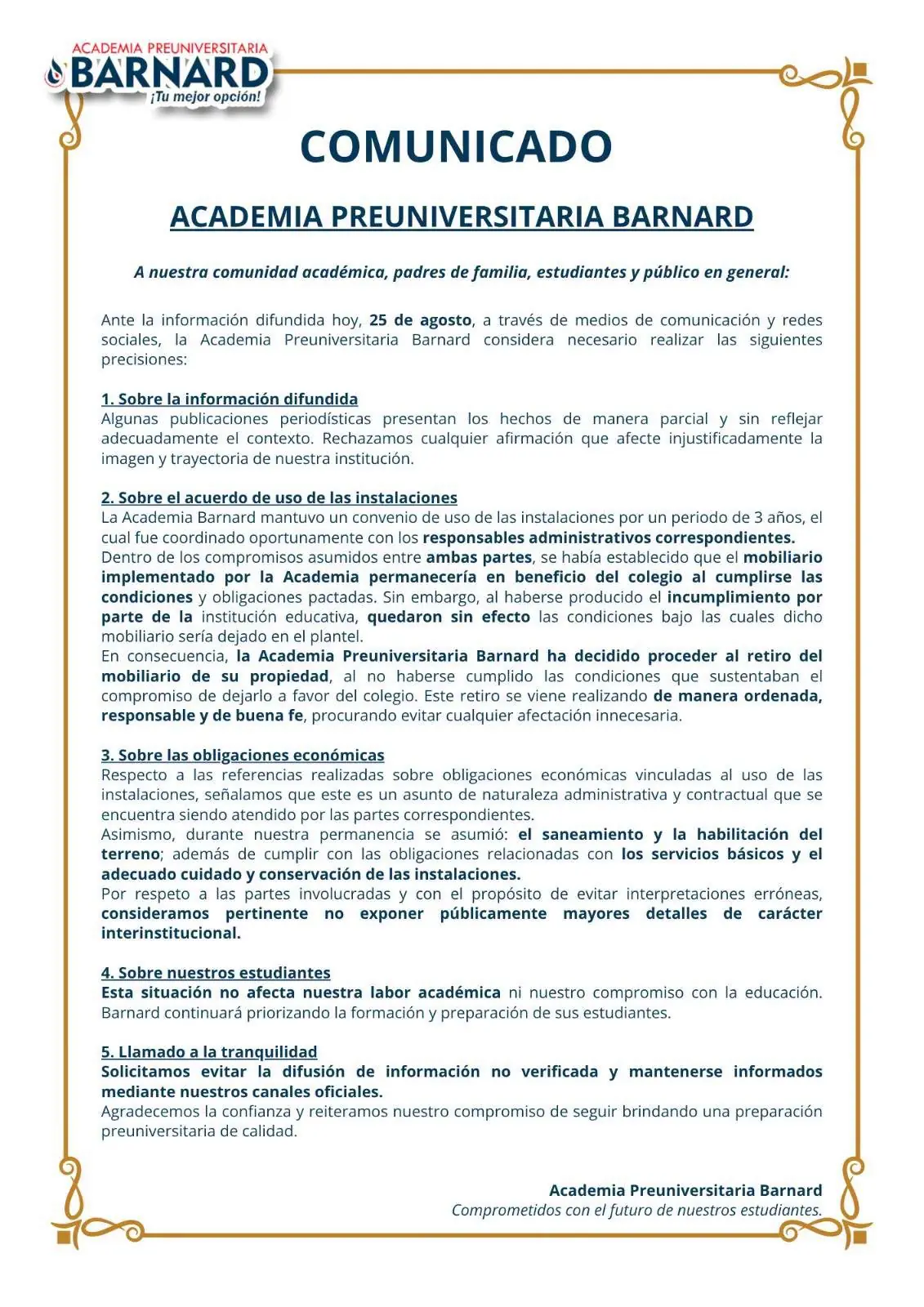 DREI recupera local en colegio Juan XXIII y rompe convenio de tres años con la academia Barnard en Ica
