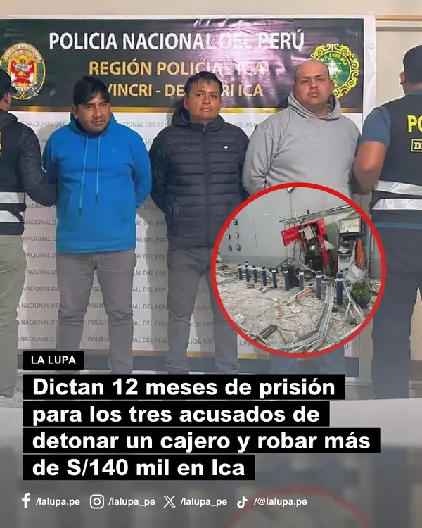 Dictan 12 meses de prisión para los tres acusados de detonar un cajero y robar más de S/140 mil en Ica